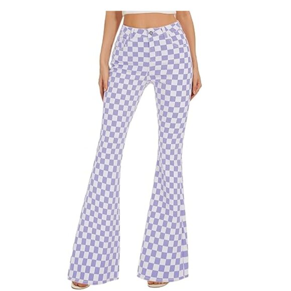 High Rise Flare Denim Pants Purple White Check Size 6 - Picture 1 of 2